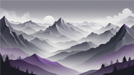 Create a minimalist vector illustration of layered mountain ranges in grayscale. The design should feature soft gradients and overlapping silhouettes to convey depth, with the closest mountains in 
