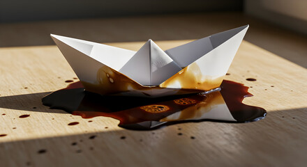 Fragile Hope A Paper Boat In A Growing Dark Coffee Stain On Wood