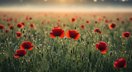 Obraz premium Vibrant Poppies Flourishing In the Warm Morning Light Field Landscape
