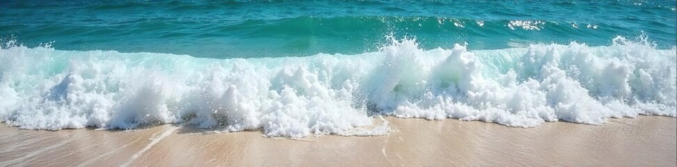 Ocean waves crashing on a sandy shore, creating a frothy white crest The powerful surge showcases the dynamic energy of the sea Perfect for nature, travel, or environmental themes , power, blue