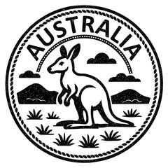 Australia stamp with kangaroo illustration, vintage travel stamp on transparent background, vector black