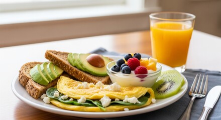Healthy Breakfast with Omelette, Avocado Toast and Fresh Fruit Yogurt