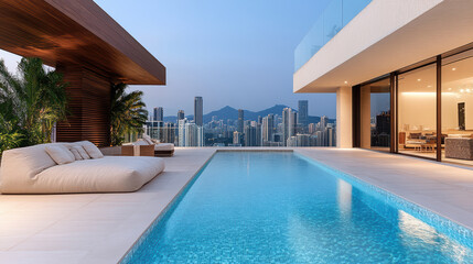 Luxurious infinity pool overlooking vibrant city skyline at dusk, creating serene atmosphere