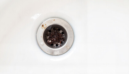 Kitchen sink drain with debris and stains in a clean setting  