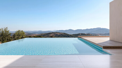 Fototapeta premium Luxurious infinity pool overlooking serene mountains and clear sky, perfect for relaxation