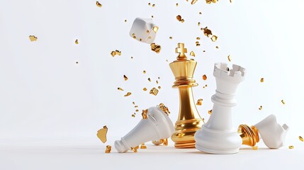 Gold and white chess pieces clash in a dramatic scene.