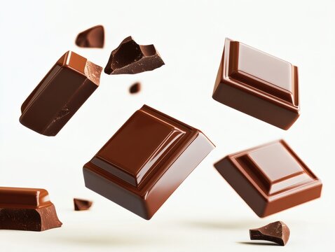 Levitating dark chocolate chunks isolated on white background. Broken chocolate bar pieces flying and cocoa crumbs explotion. Chocolate flakes and chips Top view. Flat lay.
