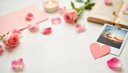 Romantic setting with pink roses, candle, and vintage photo on table  