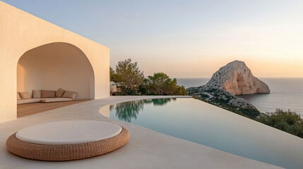 Luxurious villa with infinity pool overlooking sea and rocky landscape at sunset