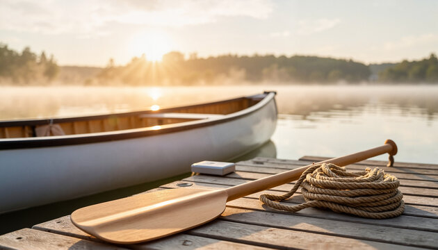 Wooden paddle and rope beside canoe on foggy lake at sunrise  