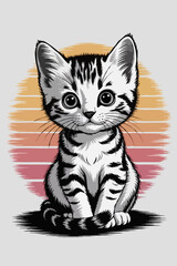 Fototapeta premium Cute striped kitten sitting against a retro sunset background 