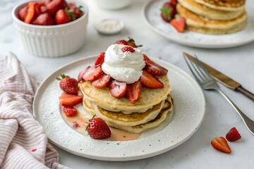 Pancakes topped with strawberries and syrup served in flat lay on rustic breakfast table