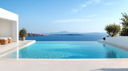 Fototapeta premium Luxurious infinity pool overlooking serene ocean view with clear blue skies and distant islands