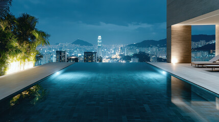 Luxurious rooftop infinity pool overlooking vibrant city skyline night, creating serene
