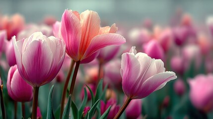 Fototapeta premium Vibrant Pink and White Tulips Blooming in a Serene Spring Garden