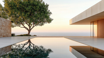 Fototapeta premium Modern architecture, serene landscape, tranquil water, sunset reflection