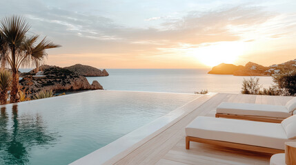 Sunset over ocean from infinity pool with palm trees in serene setting