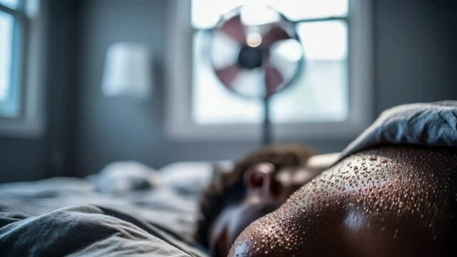 Individual lies uncovered with visible perspiration, while a retro-style fan runs in the background near a window, concept of heat discomfort and efforts to stay cool while resting