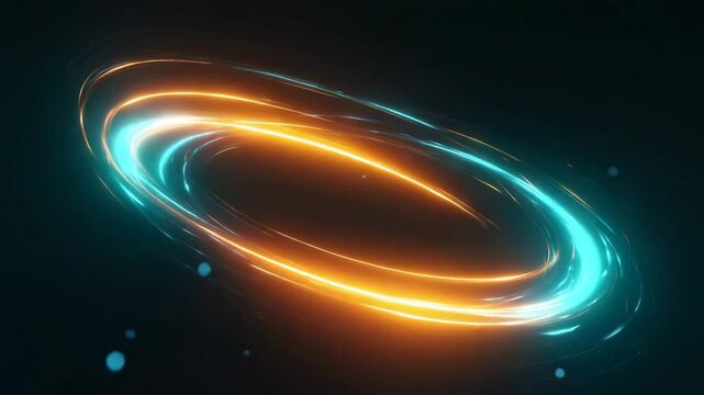 Orbital light streaks orange cyan ring on black background loop