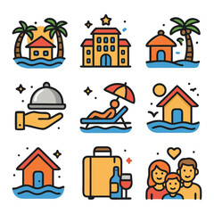Obraz premium Various vacation icons including a hotel and a family, suitable for travel brochures, websites, and social media posts about holidays.