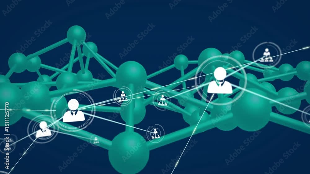 Poster Node network rotating while user icons connecting when white user icon appearing, visualizing links