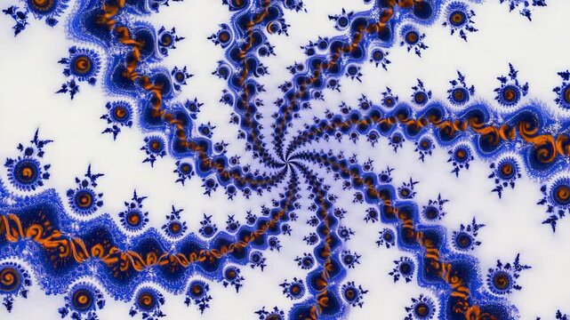 Blue orange fractal snowflake intricate spiral on white background loop