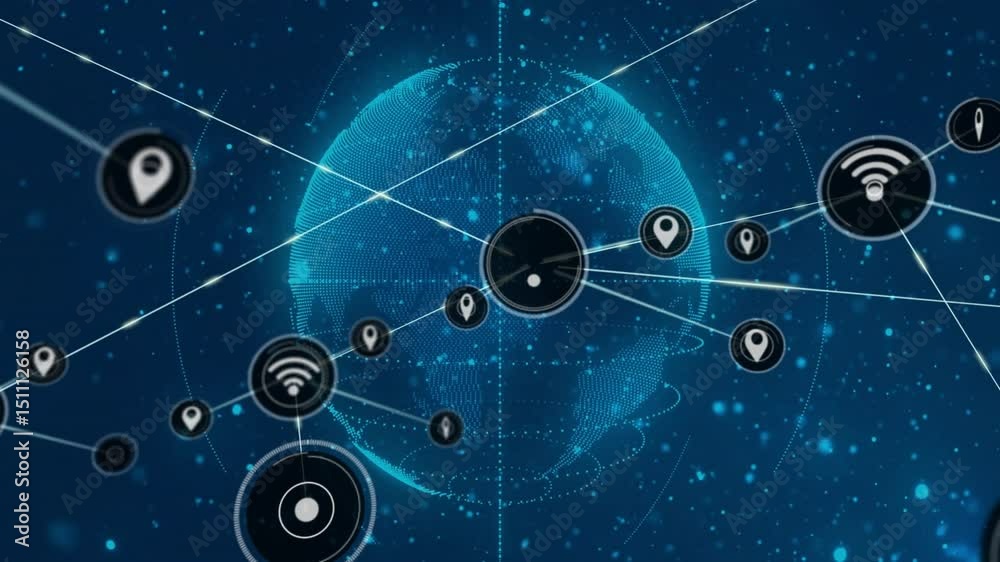 Aufkleber digital earth appearing center pulsing central node sending beam adding wifi icons showing network