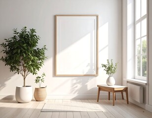 Minimalist interior scene with plants and a framed poster