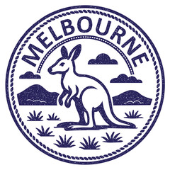 Melbourne, Australia stamp with kangaroo illustration, vintage travel stamp on transparent background, vector blue