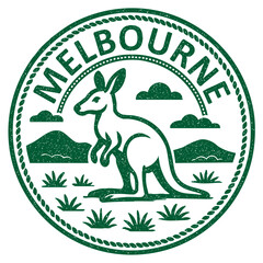 Melbourne, Australia stamp with kangaroo illustration, vintage travel stamp on transparent background, vector green