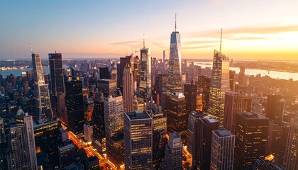 Naklejka premium Elevated view of a city skyline with vibrant sunset hues illuminating the tall building structures