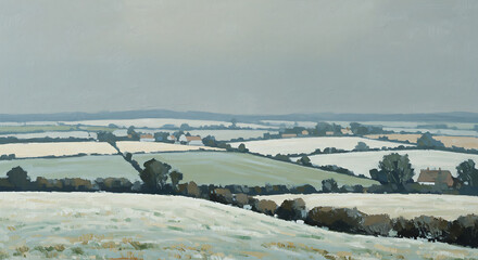 Winter Countryside Landscape Painting Rolling Hills View