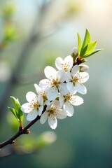 Obraz premium Delicate white blossoms on a branch, bathed in soft spring sunlight A gentle breeze stirs the petals, creating a peaceful scene of springtime renewal , botany, white springtime