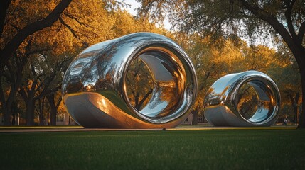 Two polished, reflective rings in a park setting.  Golden autumn foliage surrounds the smooth, abstract sculptures