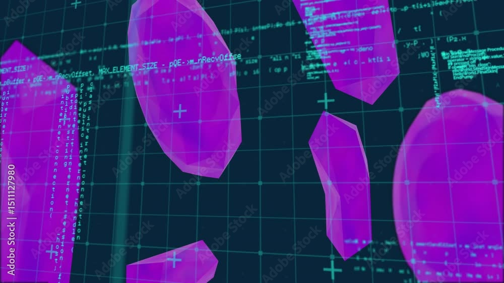Poster faint scrolling code emerging driving crystals drifting inward and rotating while animating ui