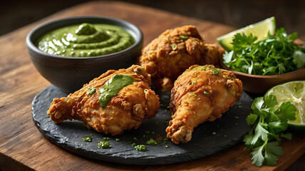 Fototapeta premium Golden Brown Fried Chicken Served with Vibrant Green Dipping Sauce