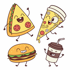 Illustration of cartoon fast food characters including pizza slices, burger and a drink cup dancing