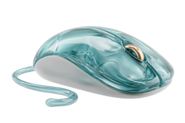 PNG Futuristic translucent computer mouse with gold scroll wheel on white background