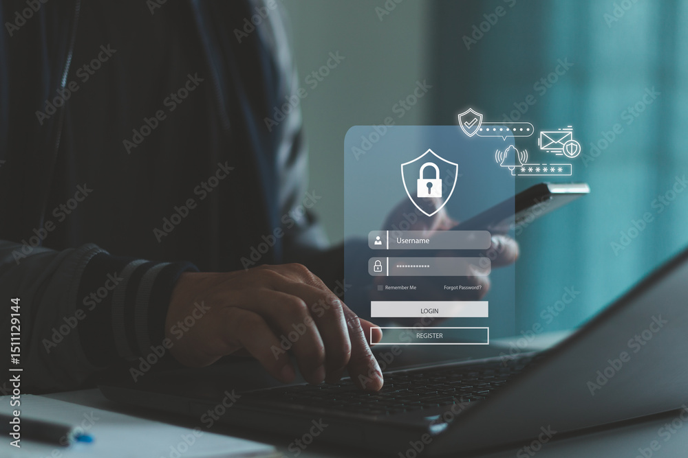 Poster Cyber security in two-step verification. Multi-factor authentication MFA method using mobile smartphone and laptop to protect data account on internet data security concept, computer technology icon.