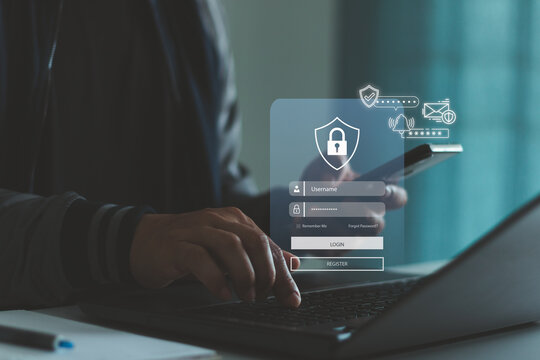 Cyber security in two-step verification. Multi-factor authentication MFA method using mobile smartphone and laptop to protect data account on internet data security concept, computer technology icon.