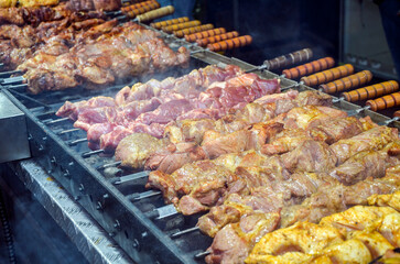 Close-up view of various cuts of meat being roasted on skewers over a grill, surrounded by rising smoke, evoking a sense of delicious outdoor cooking
