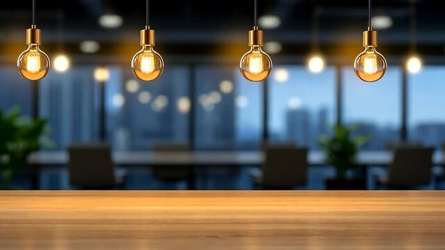 Wooden Tabletop with Hanging Edison Bulbs and Blurred Cityscape Background