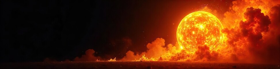 Spectacular fiery explosion, a swirling ball of intense orange and yellow flames against a black background Perfect for fantasy, destruction, power, and energy concepts , impact, explosion