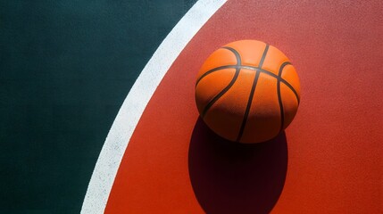 Basketball resting on a vibrant red and green court ready for the game to start