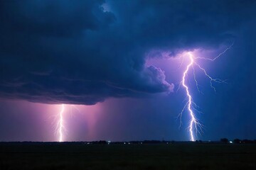 Dramatic dark clouds unleashing a powerful thunderstorm with intense lightning illuminating the landscape Rain lashes down, creating a breathtaking natural spectacle , thunder, thunderbolt, moody