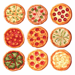 Set of Nine Italian Pizza Icons Vector Illustration for Pizzerias and Menus