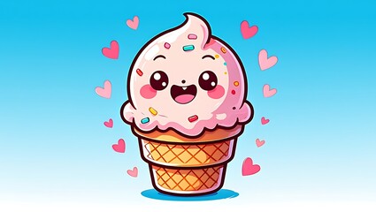 Adorable Kawaii Ice Cream Cone Cartoon Illustration