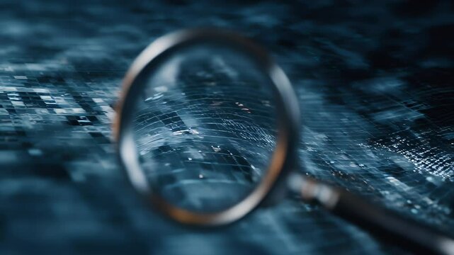 Magnifying glass focusing on glowing binary digits amidst digital particle streams, symbolizing data analysis, cyber surveillance, and digital forensics.