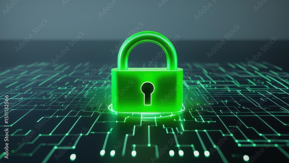 Poster green lock security icon with binary data overlay representing digital data security and protection