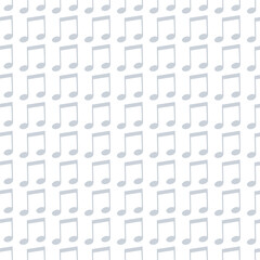Grey music note pattern on white background, repeat seamless vector illustration.